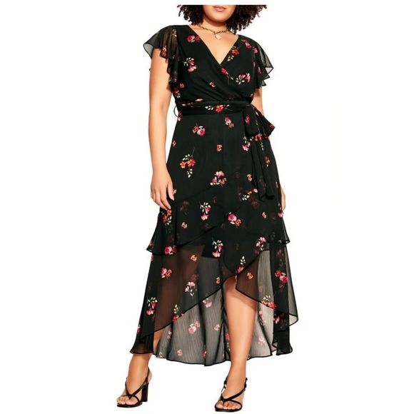 CITY CHIC Bloom Floral Wrap Maxi Dress in Black - Picture 1 of 12